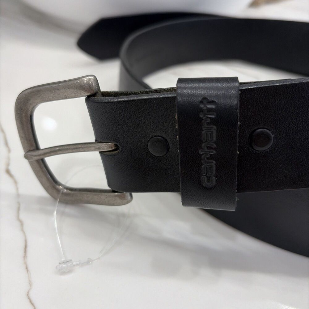 Carhartt Mens Black Full Grain Leather Work Belt Size 40 Silver Tone Buckle